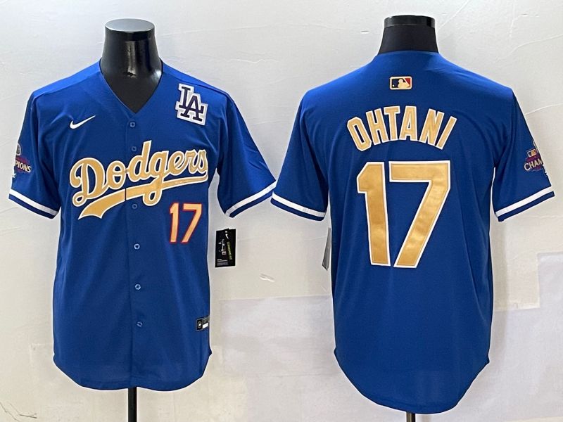 Men Los Angeles Dodgers 17 Ohtani Blue Champion gold character 2025 Nike MLB Jersey style 4093